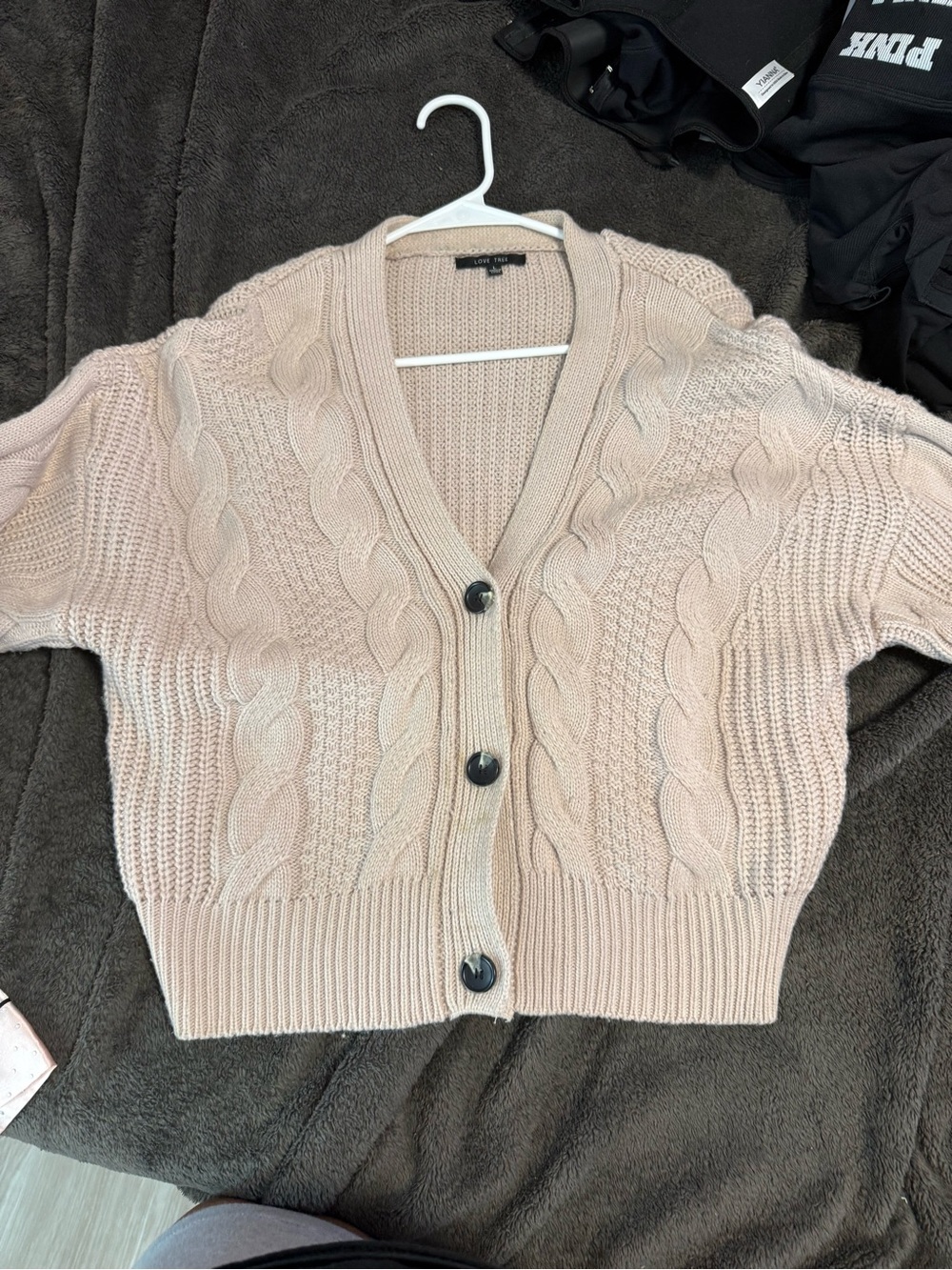 Cable Knit Button-Front Sweater Cardigan - light pink